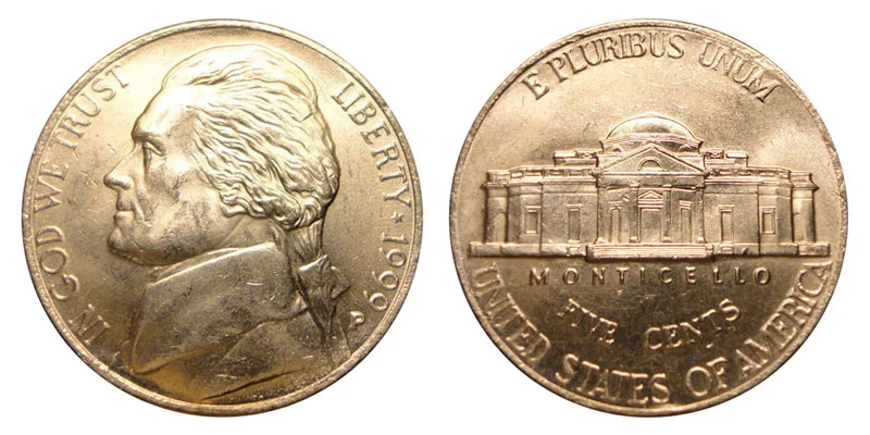1999-P Jefferson nickel obverse and reverse showing Jefferson portrait and Monticello in uncirculated condition