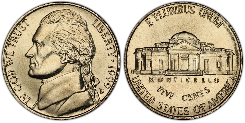 Side-by-side comparison of 1999 nickel Monticello steps — standard weak strike on left versus Full Steps example on right