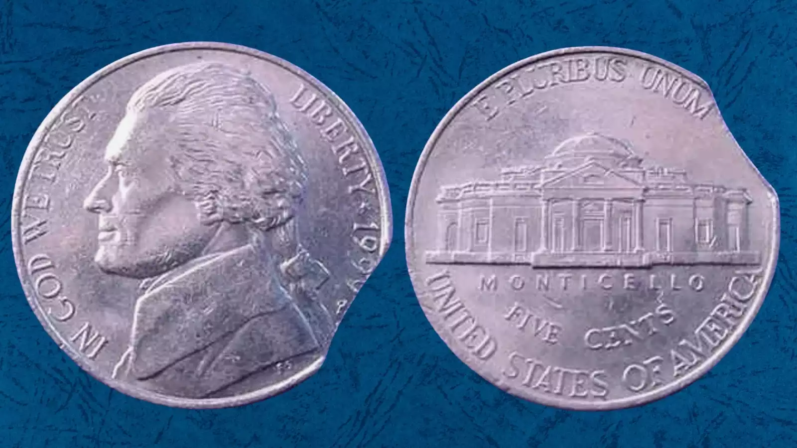 1999 Jefferson nickel clipped planchet error with curved section missing from the rim edge