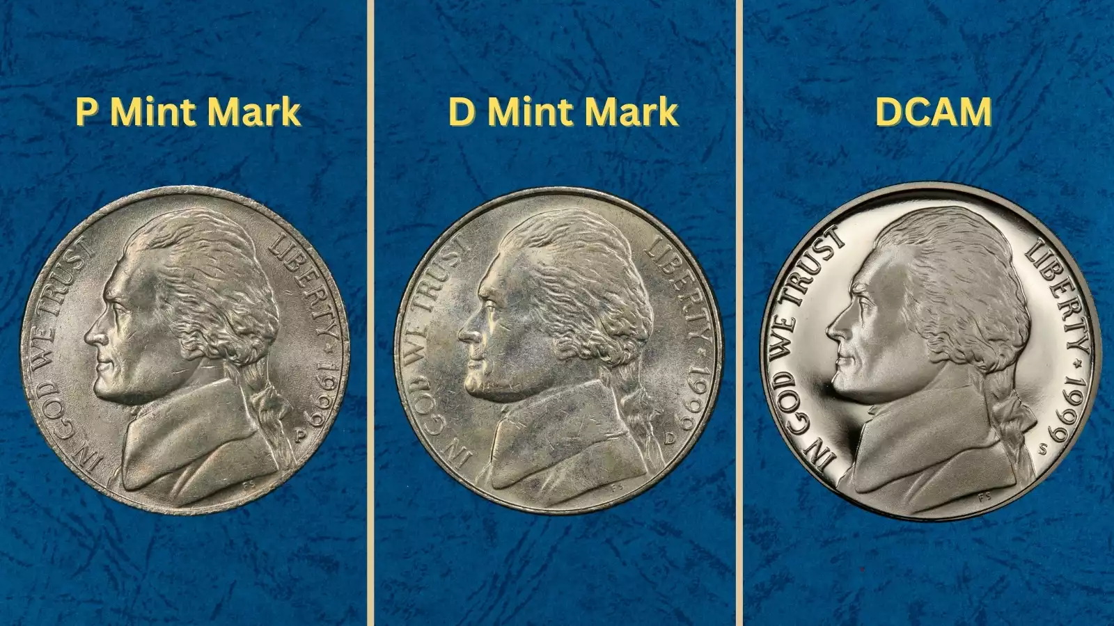 Group of 1999 Jefferson nickels from original mint rolls showing brilliant uncirculated surfaces and scale of production
