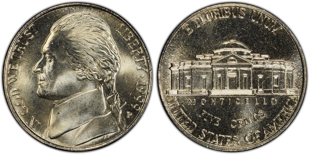 Grading strip showing four 1999 Jefferson nickels in four condition tiers from worn through gem uncirculated with Full Steps